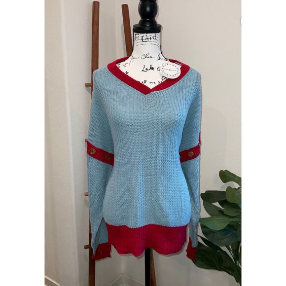 MSRP$59 Umgee Blue Red Colorblock Button Sleeve Knit Sweater Size XL QUICK SHIP - Picture 1 of 6